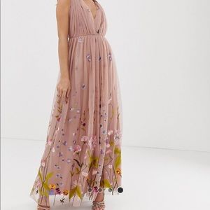 ASOS blush tulle maxi dress w/ floral embroidery